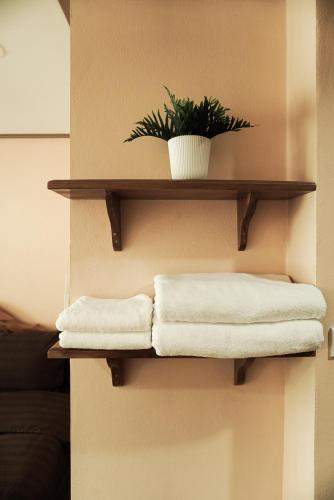 a shelf with towels and a plant on a wall at One Deves in Bangkok