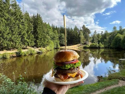a person holding a sandwich on a plate next to a river at Lesní chaty "Hogo Fogo" in Kytlice