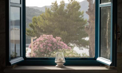 a vase sitting on a window sill looking out at a tree at Casa Picimenti Zakynthos Marathias Swimming Pool Ground Floor Villa in Marathias