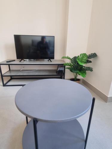 a living room with a table and a tv at ASTURES Viviendas Turísticas in Oviedo