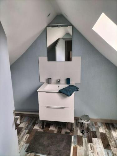 une salle de bain avec un lavabo et un miroir dans l'établissement Maison reposante, à Saint-Gervais en-Belin