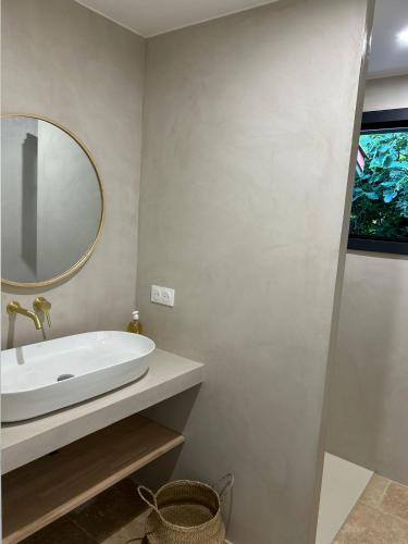 une salle de bain avec un lavabo et un miroir dans l'établissement Beach House Paupiette - 150m plage sud, à Mimizan-Plage