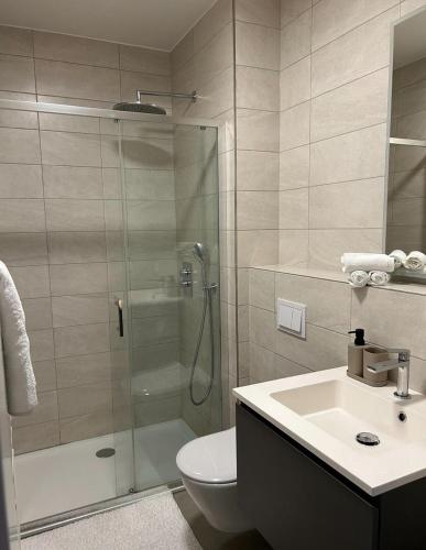 une salle de bain avec une douche, des toilettes et un lavabo dans l'établissement Appartement passage à 10 mins de Charles De Gaulle, proche parc d'exposition, à Villepinte