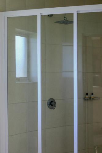 a shower with a glass door in a bathroom at Bonitaz Lodge in Mtubatuba