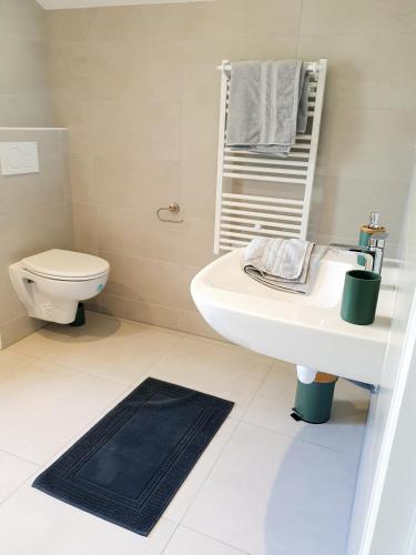 une salle de bain avec un lavabo blanc et des toilettes dans l'établissement Studio Pic au vert, à Martigné-Ferchaud