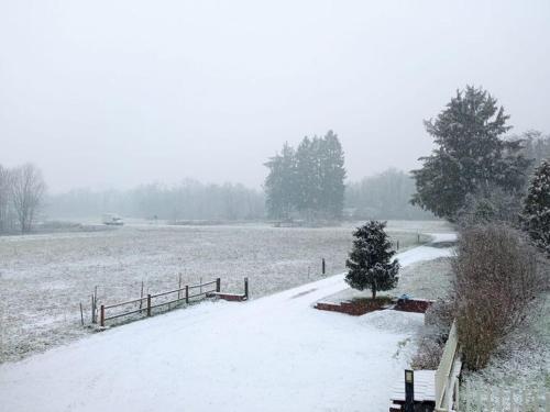 a snow covered field with a fence and trees at Cascina in Alto Piemonte / Piedmont countryhouse in Lozzolo