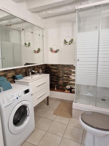 La salle de bains est pourvue d'un lave-linge et d'une douche. dans l'établissement Calme et cosy à 2 pas du centre et du château, à Bruyères-le-Châtel
