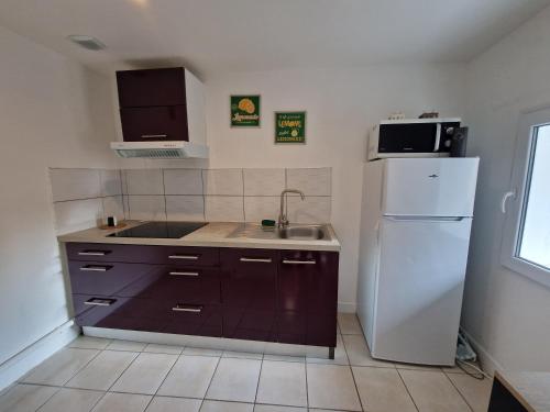 une cuisine avec un évier et un réfrigérateur blanc dans l'établissement Calme et cosy à 2 pas du centre et du château, à Bruyères-le-Châtel