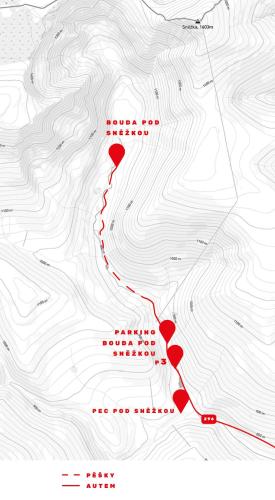 a map of the trail with red dots at bouda Pod Sněžkou in Pec pod Sněžkou