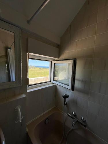une salle de bain avec un lavabo et une fenêtre dans l'établissement Duplex vue mer à Piana Verde Canale-di-verde, à Canale-di-Verde