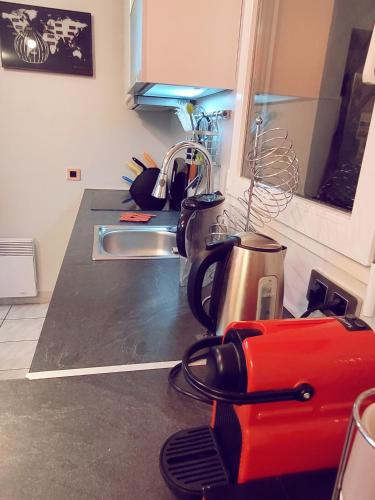 - une cuisine avec un évier et un mixeur rouge dans l'établissement Duplex Art Place, Olympics 2024, à Les Clayes-sous-Bois