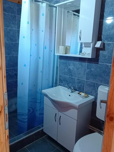 a bathroom with a sink and a shower and a toilet at Under Milky Way in Podgora