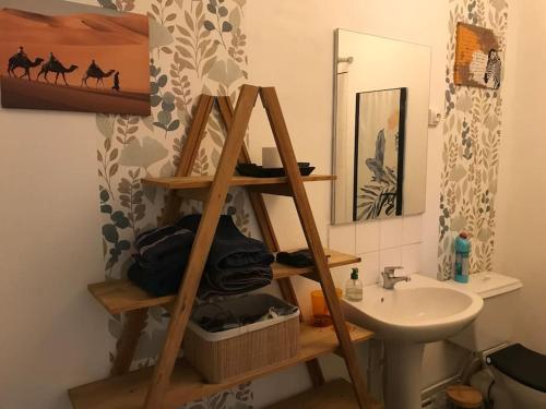 - une salle de bains avec une étagère en bois à côté d'un lavabo dans l'établissement Charmant appartement proche de la rue Saint Jean, à Le Touquet-Paris-Plage