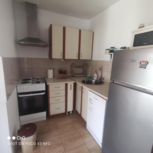 a small kitchen with a refrigerator and a sink at Villa Helen in Donji Stoliv