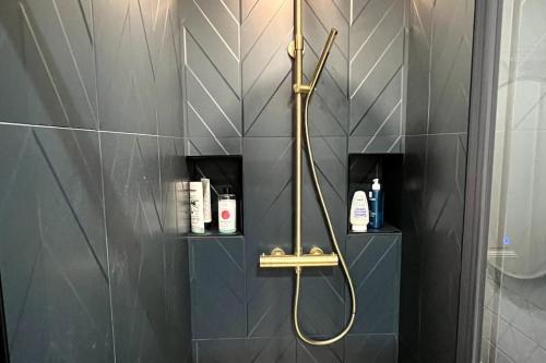 une douche avec un tuyau dans une salle de bain dans l'établissement Design flat for 4 people Paris 18 close to Montmartre, à Paris