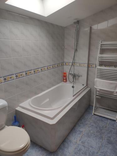 une salle de bain avec baignoire et toilettes dans l'établissement Douce France 82, à Saint-Nicolas-de-la-Grave