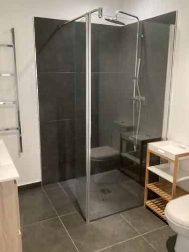 une douche avec une porte vitrée dans une salle de bain dans l'établissement Casa Laurel, à Figari