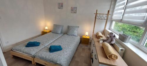 a bedroom with a bed with blue sheets and a window at La Fleur d'Opale, appt 2 ch, 4 pers in Boulogne-sur-Mer