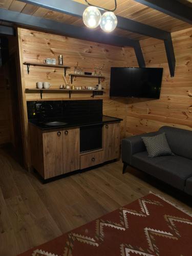 a living room with a couch and a flat screen tv at ZeRa Suit Bungalov Rize in Ardeşen