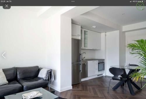 a living room with a couch and a kitchen at Unique apartment on the prestige address in Helsinki