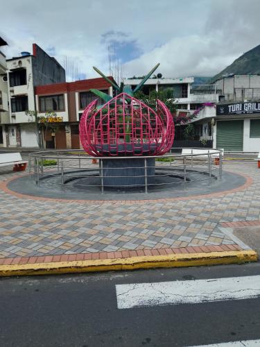 a large pink object is sitting on a street at Hotel Amazonia y sol in Baños