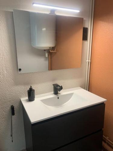 une salle de bain avec un lavabo et un miroir dans l'établissement Studio-centre-ville, à Saint-Nazaire