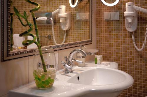 a bathroom sink with a vase with a plant in it at Savoy Hotel in Chişinău