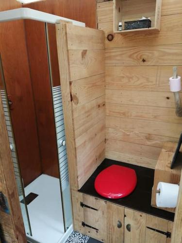une salle de bain avec des toilettes rouges posées sur un comptoir dans l'établissement JOLIE CABANE BOIS SOUS LES CHENES Hourtin bourg, à Hourtin