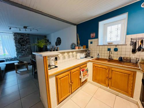 - une cuisine avec des murs bleus, des placards en bois et un évier dans l'établissement Maison de village, à Peyriac-Minervois