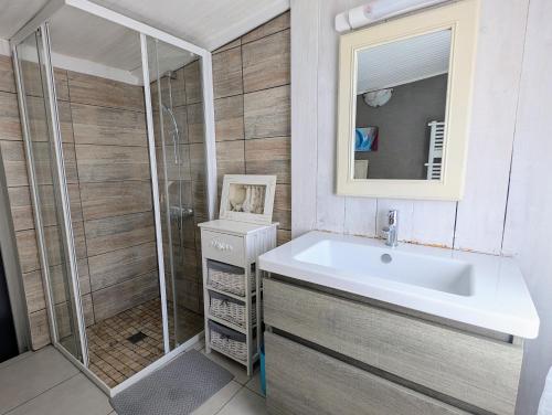 a bathroom with a sink and a shower at Maison cozy proche des plages - Animaux acceptés ! in La Bernerie-en-Retz