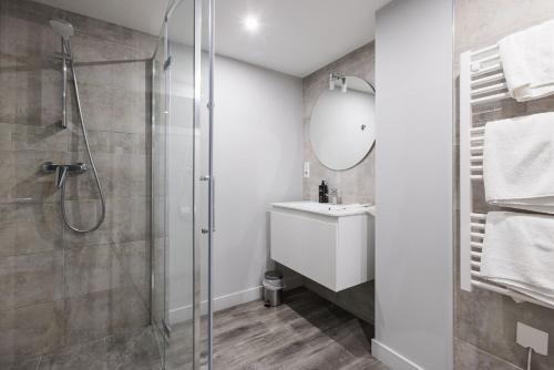 a bathroom with a shower and a sink and a mirror at Le Trèfle à Quatre Feuilles in Siorac-en-Périgord