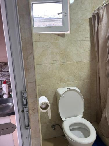 a small bathroom with a toilet and a window at Your corner in Racha შენი კუთხე რაჭაში in Ambrolauri