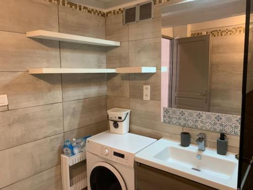 une salle de bain avec une machine à laver et un lavabo dans l'établissement Duplex familial au cœur de la cité médiévale, à Aigues-Mortes