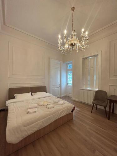 トビリシにあるTeas modern placeの大きなベッドとシャンデリアのある寝室