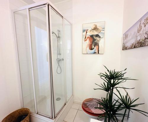 La salle de bains est pourvue d'une douche et d'une plante. dans l'établissement Appart Suquet Cannes, à Cannes