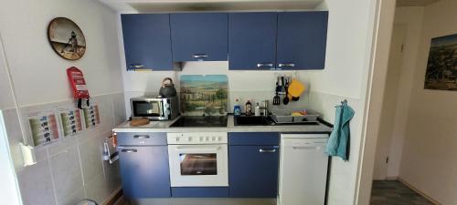 a small kitchen with blue cabinets and a sink at FeWo Harz Haennig 1 in Wieda