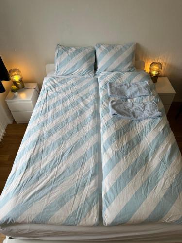 a bed with a blue and white striped comforter at City Center Rooftop Studio with Oldtown View in Basel