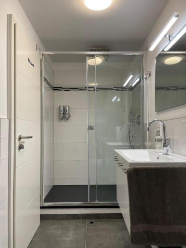 a bathroom with a glass shower and a sink at Auszeit in Zeltingen-Rachtig