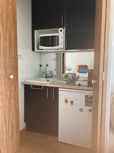une cuisine avec un évier et un micro-ondes dans l'établissement Studio Terrasse Vue Mer, à La Baule