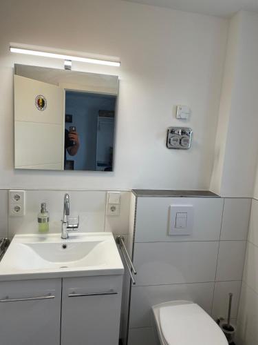 a bathroom with a sink and a toilet and a mirror at Auszeit in Zeltingen-Rachtig