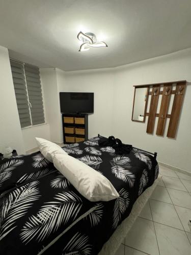 - une chambre avec un lit noir et blanc et une télévision dans l'établissement Jolie deux pièces au cœur de Nice, à Nice