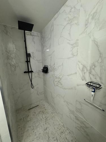 La salle de bains est pourvue d'une douche et de murs en marbre blanc. dans l'établissement Jolie deux pièces au cœur de Nice, à Nice