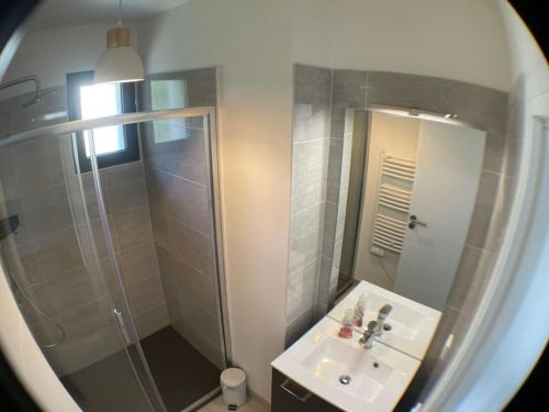 une salle de bain avec une douche, un lavabo et un miroir dans l'établissement Superbe appartement avec vue sur la tour Eiffel, à Saint-Leu-la-Forêt