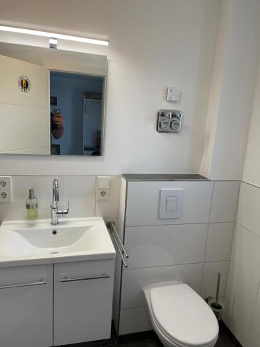 a bathroom with a sink and a toilet and a mirror at Auszeit in Zeltingen-Rachtig