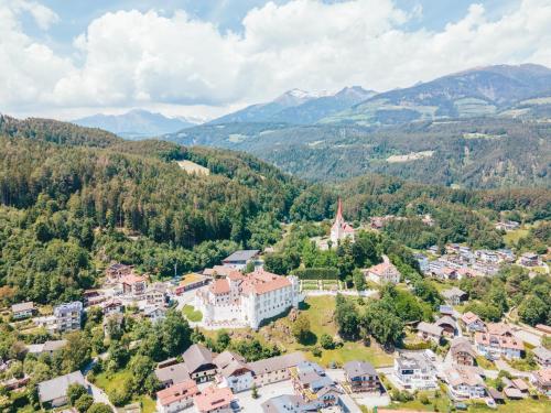 an aerial view of a small town in the mountains at Hotel Elisabeth in Chienes