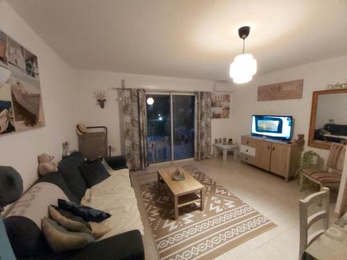 un salon avec un canapé et une télévision dans l'établissement Ville melody, à San-Nicolao