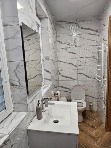 een witte badkamer met een wastafel en een toilet bij Apartmens LORETA in Šventoji