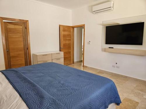 a bedroom with a bed and a flat screen tv at Relax Beach Front Residence in Las Terrenas