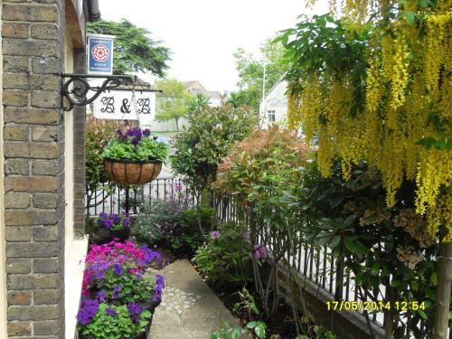 a garden with flowers and plants on a fence at The Rutlands B&B in Windsor