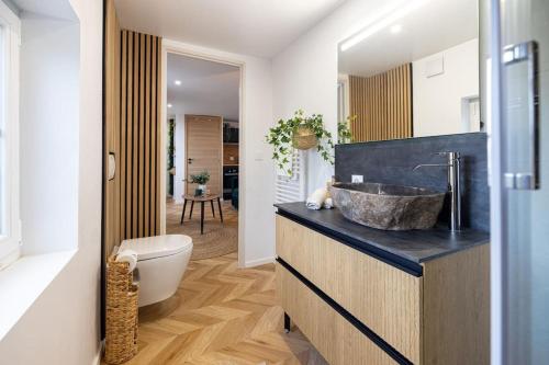 une salle de bain avec un lavabo et des toilettes dans l'établissement Eden Urbain hypercentre Rouen, à Rouen